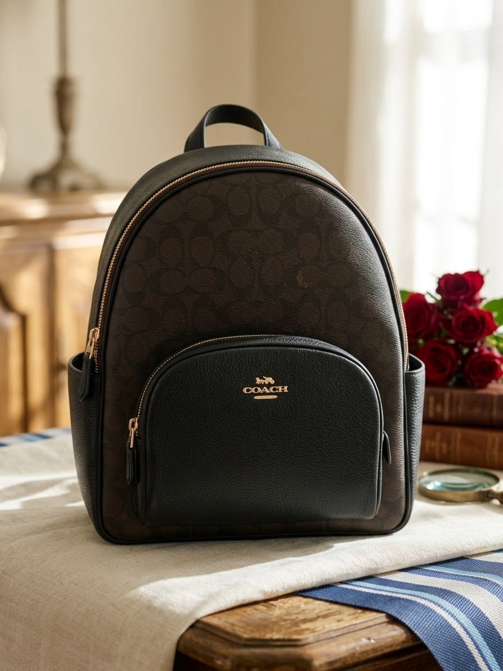 Coach Black & Brown Signature Canvas Backpack
